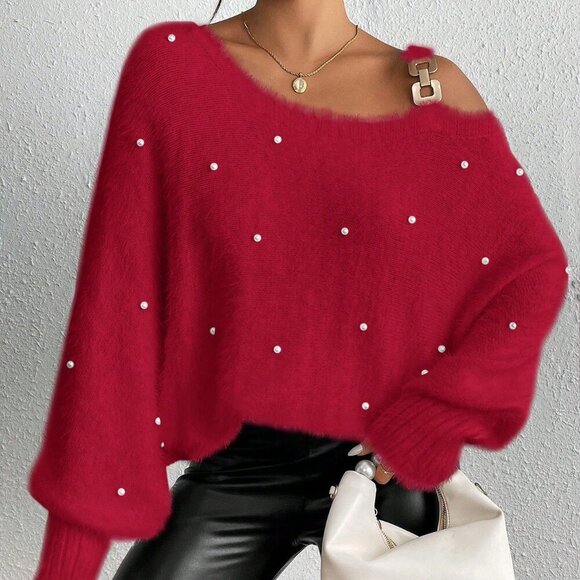 Red Casual Women's Asymmetrical Neck Pearl Decor Long Sleeve Pullover Sweater - Picture 3 of 6